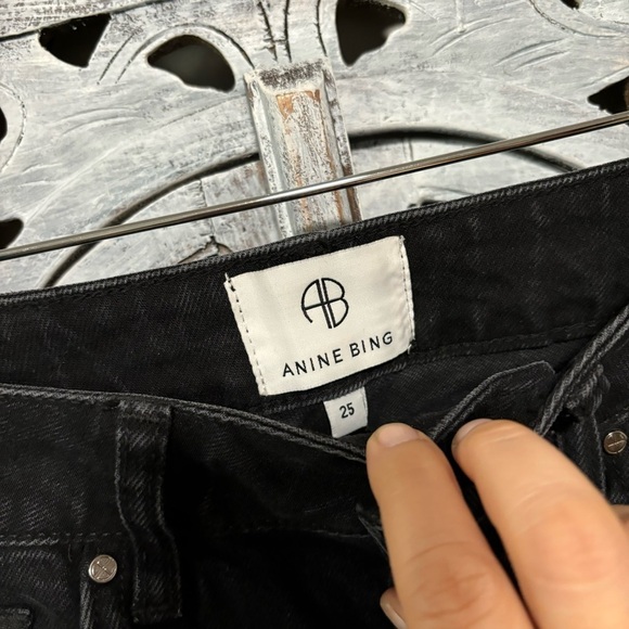 ANINE BING Black Roxanne Button Fly Raw Hem Front Slip Washed Stretch Denim Jean - Picture 14 of 16